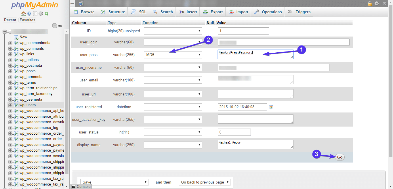 Change password in phpMyAdmin