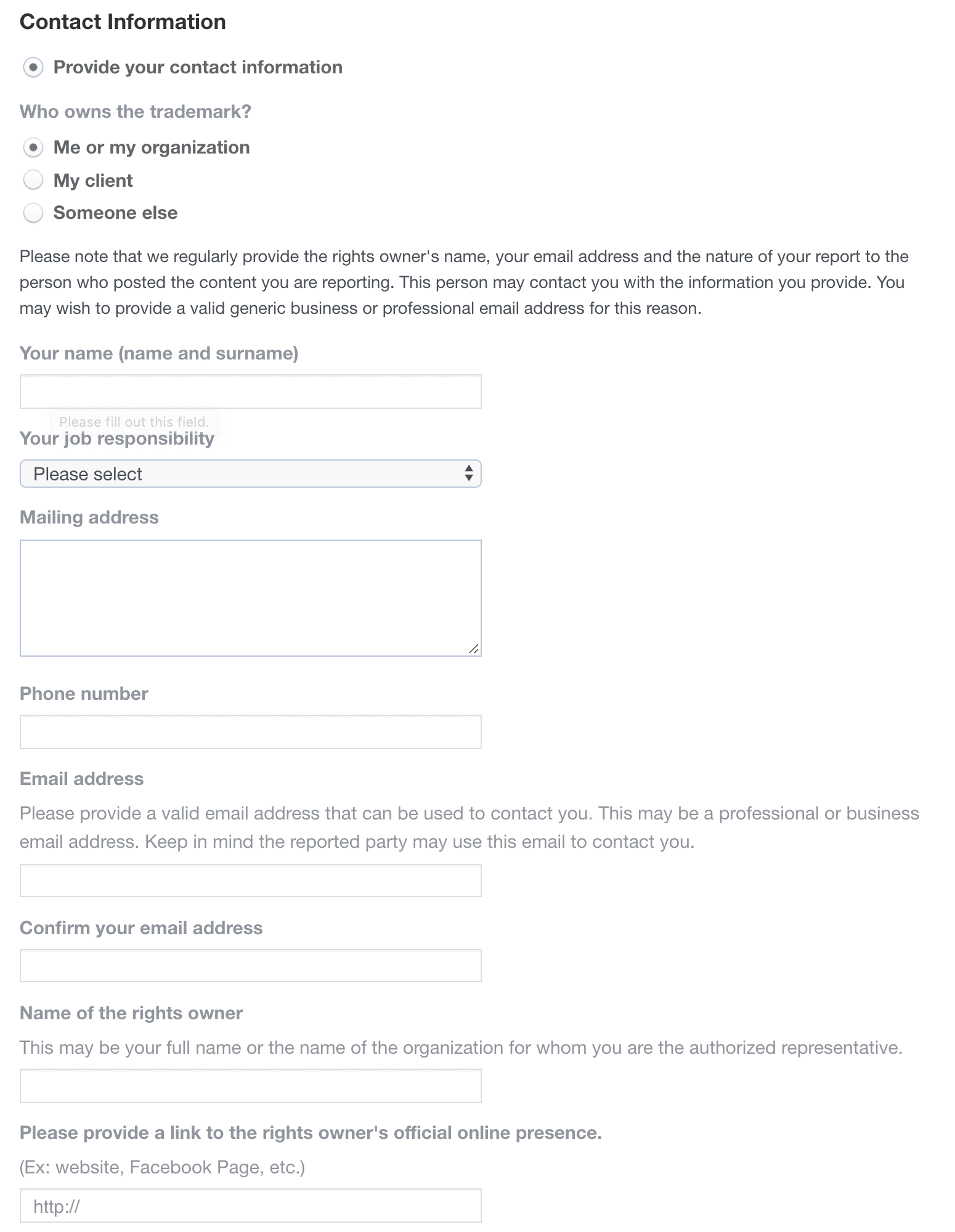 Facebook trademark infringement contact information