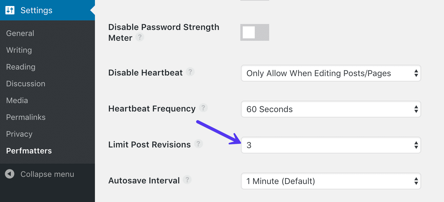 Limit post revisions with Perfmatters plugin