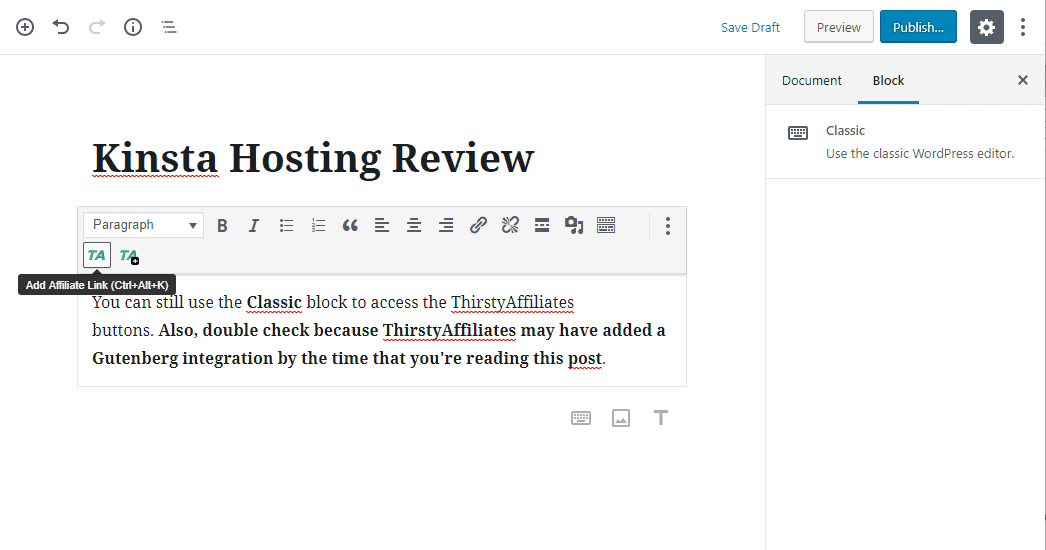 Inserting an affiliate link from a Classic block in the block-based editor