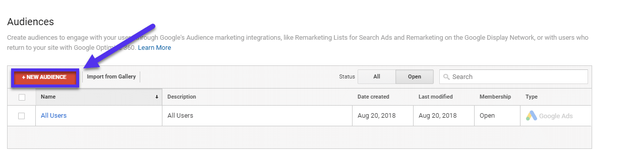 Create new audience in Google Analytics