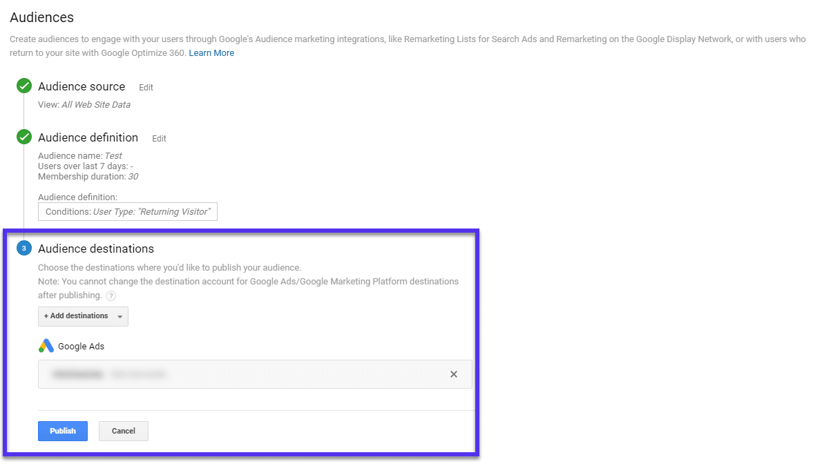 Google Analytics publish audience