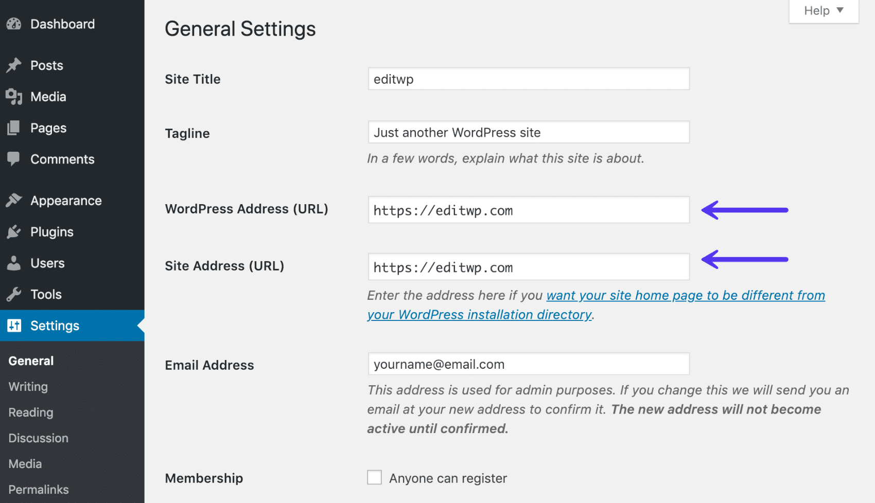 WordPress address and site address