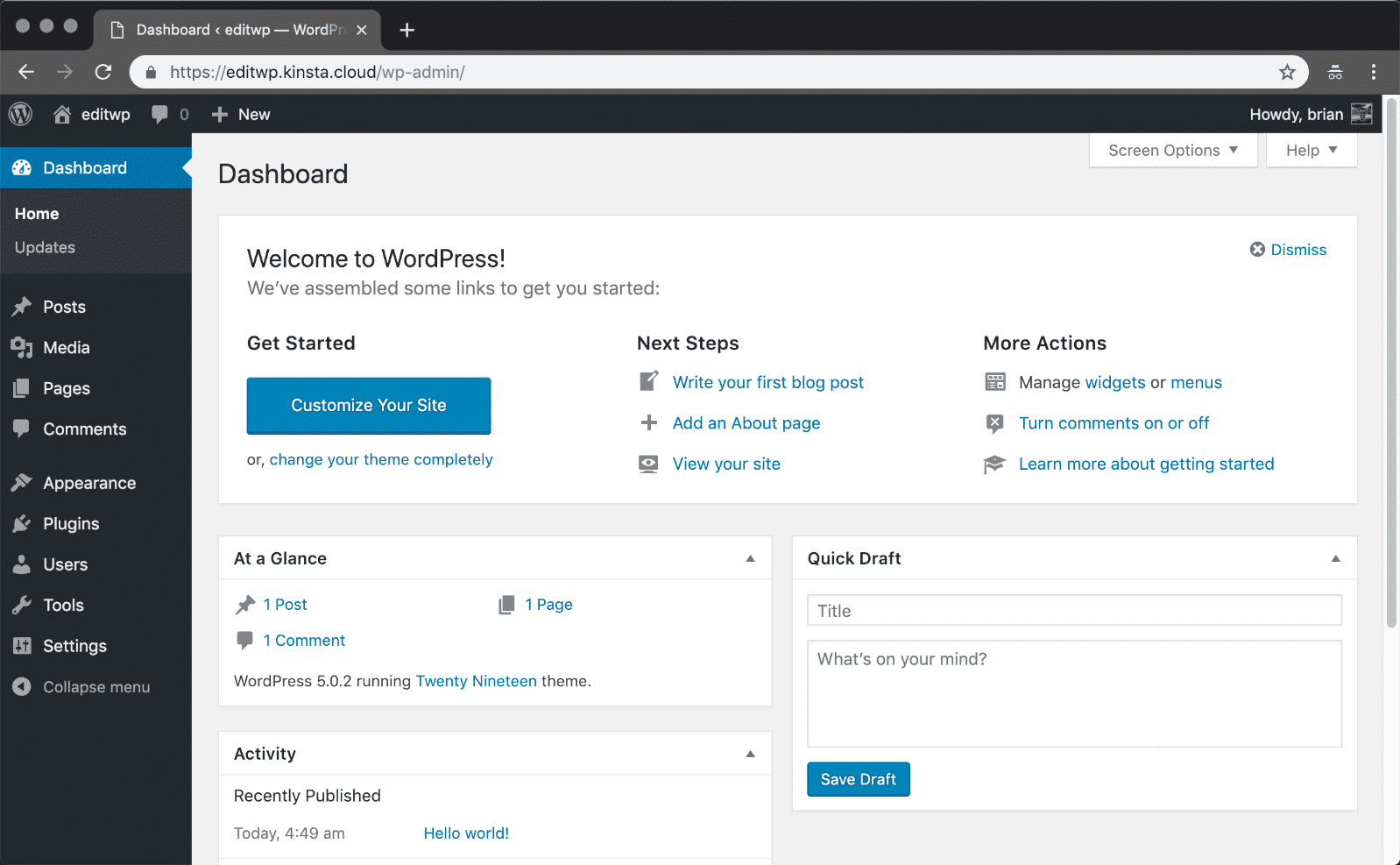 WordPress install - Dashboard