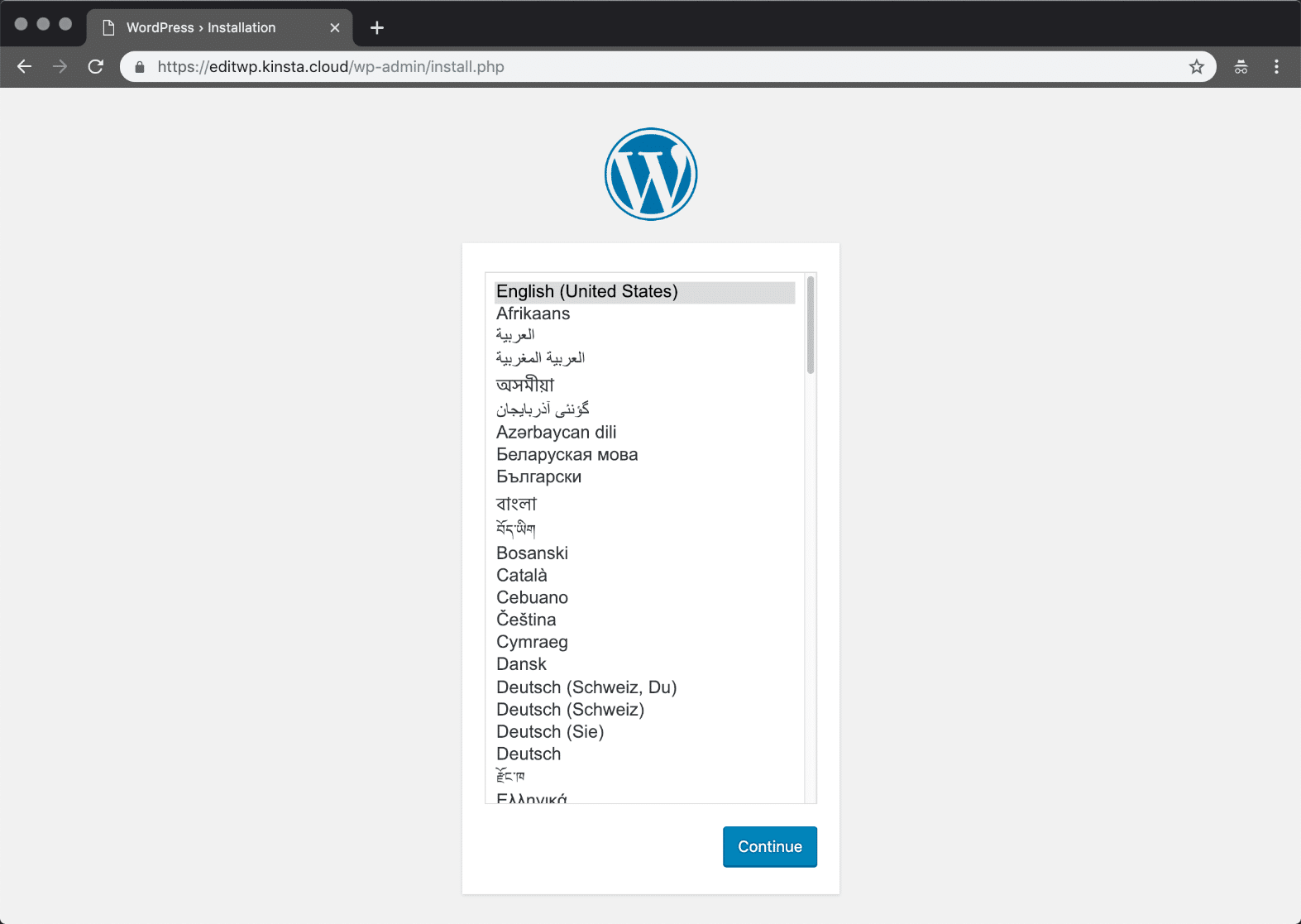 WordPress install language