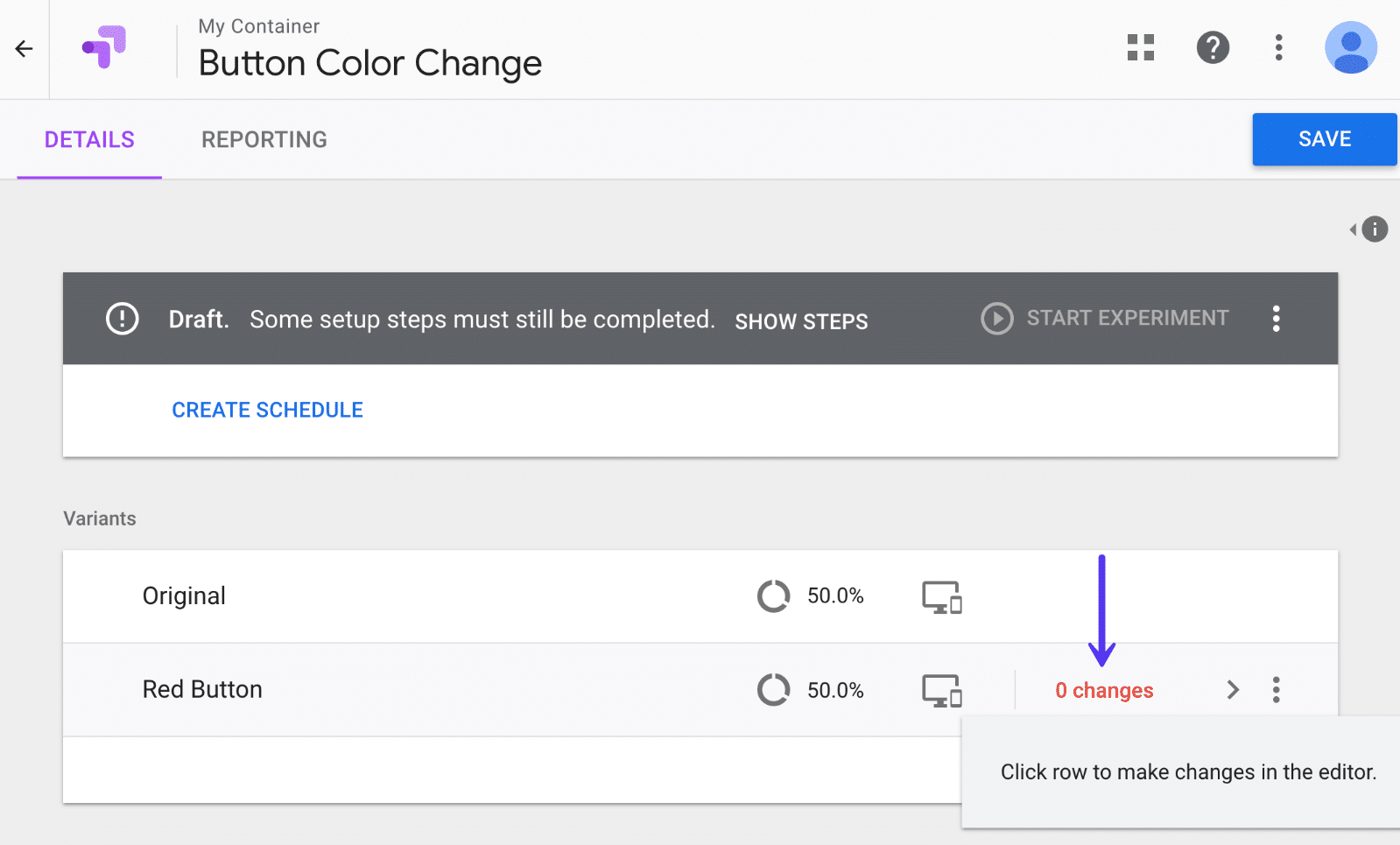 Google Optimize change variant