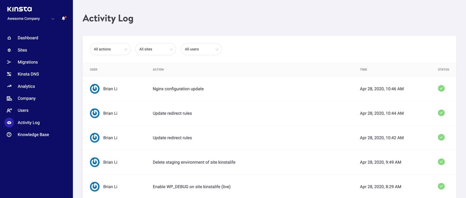 MyKinsta activity log.