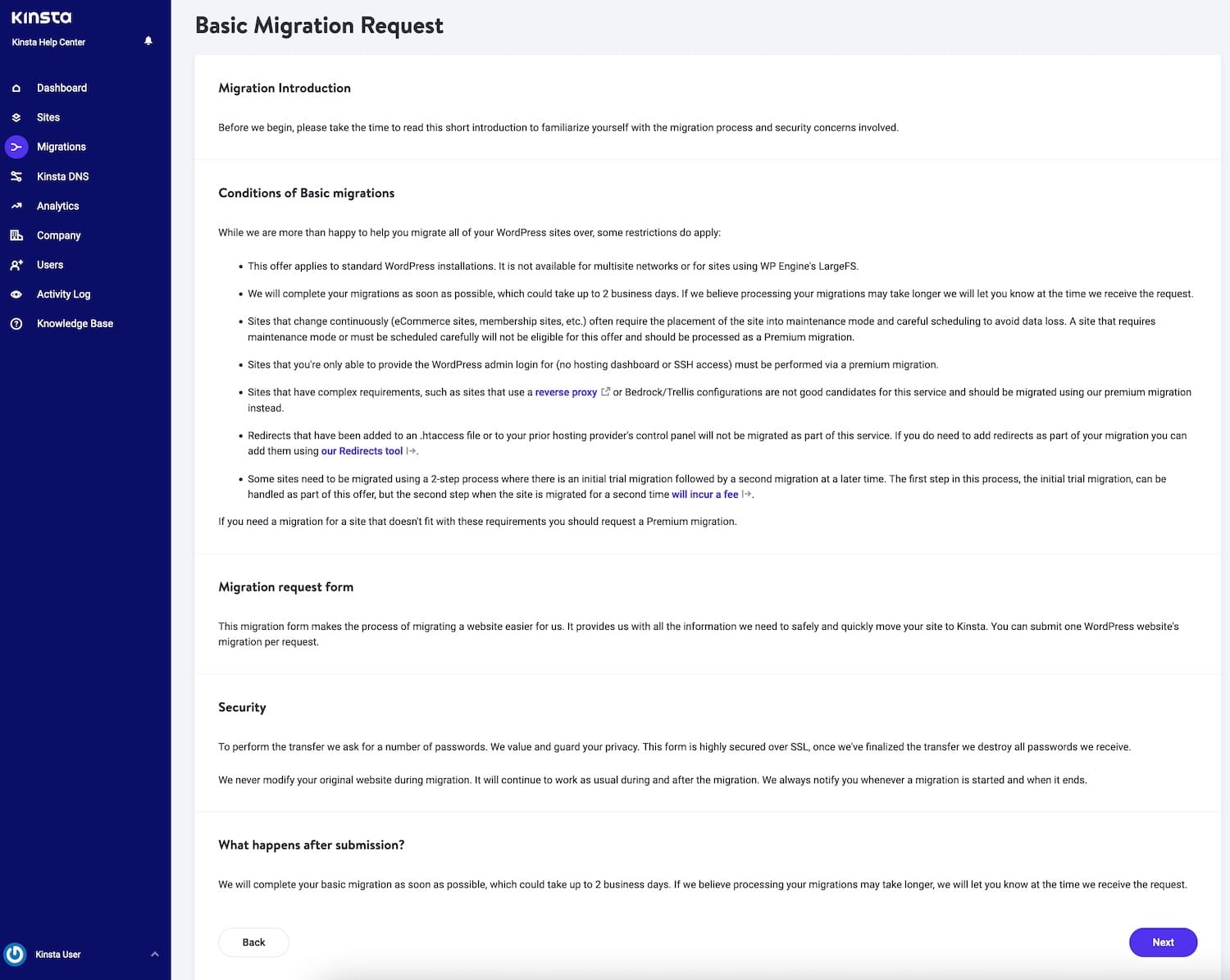 Basic migration introduction in MyKinsta.