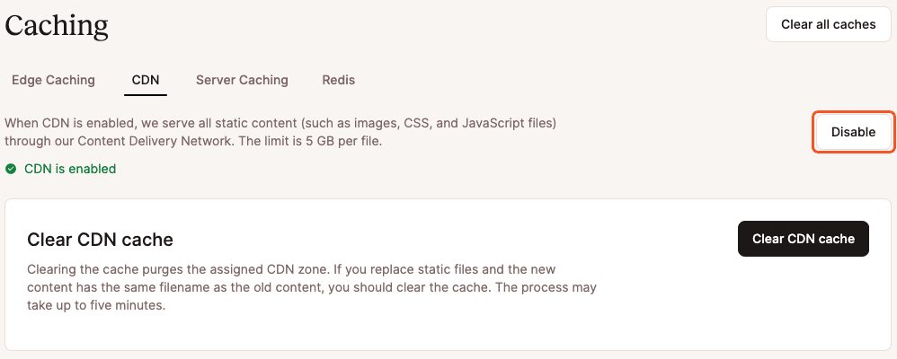 A screenshot showing MyKinsta caching controls with the CDN tab active.