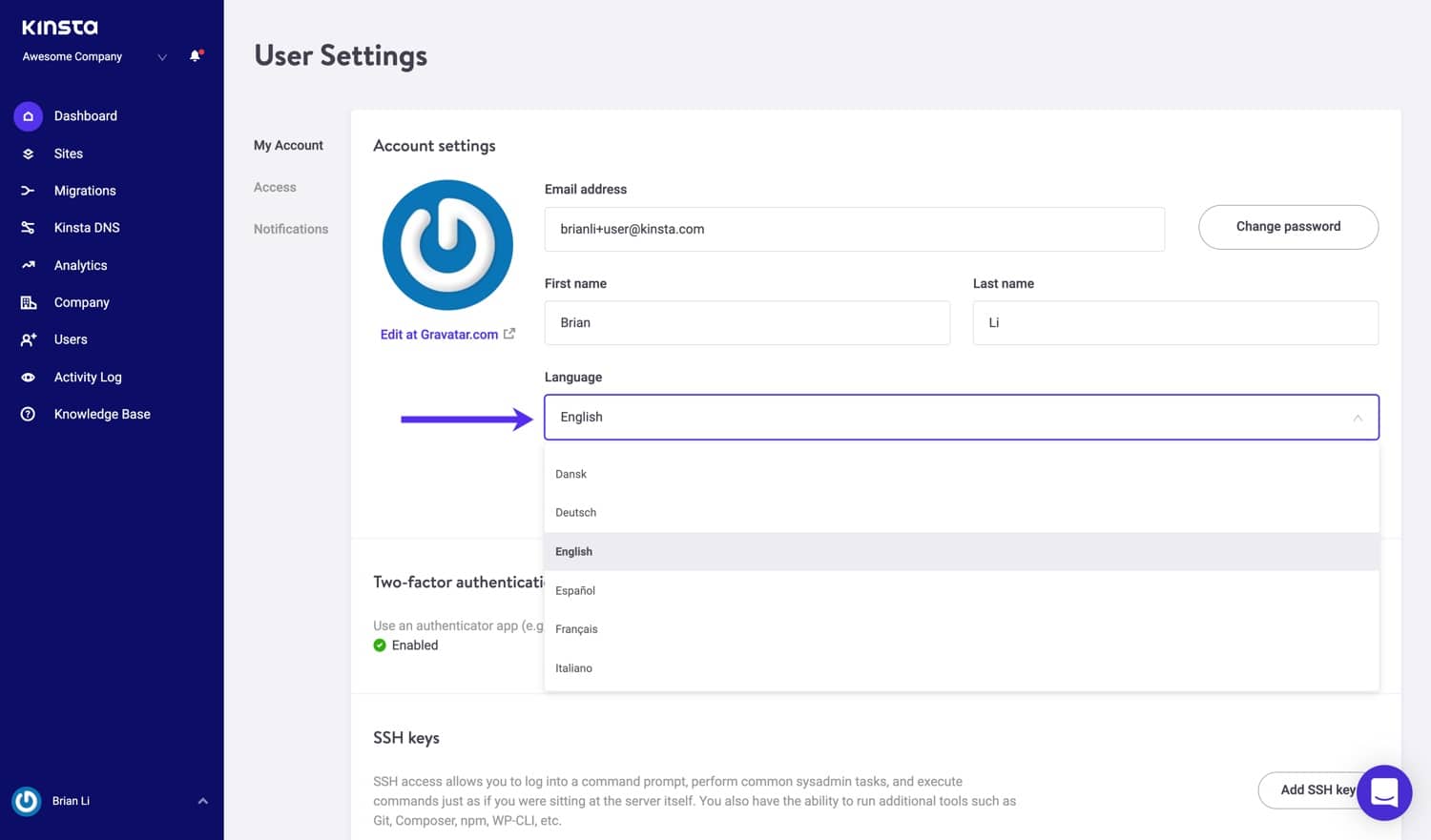 MyKinsta dashboard sprog.