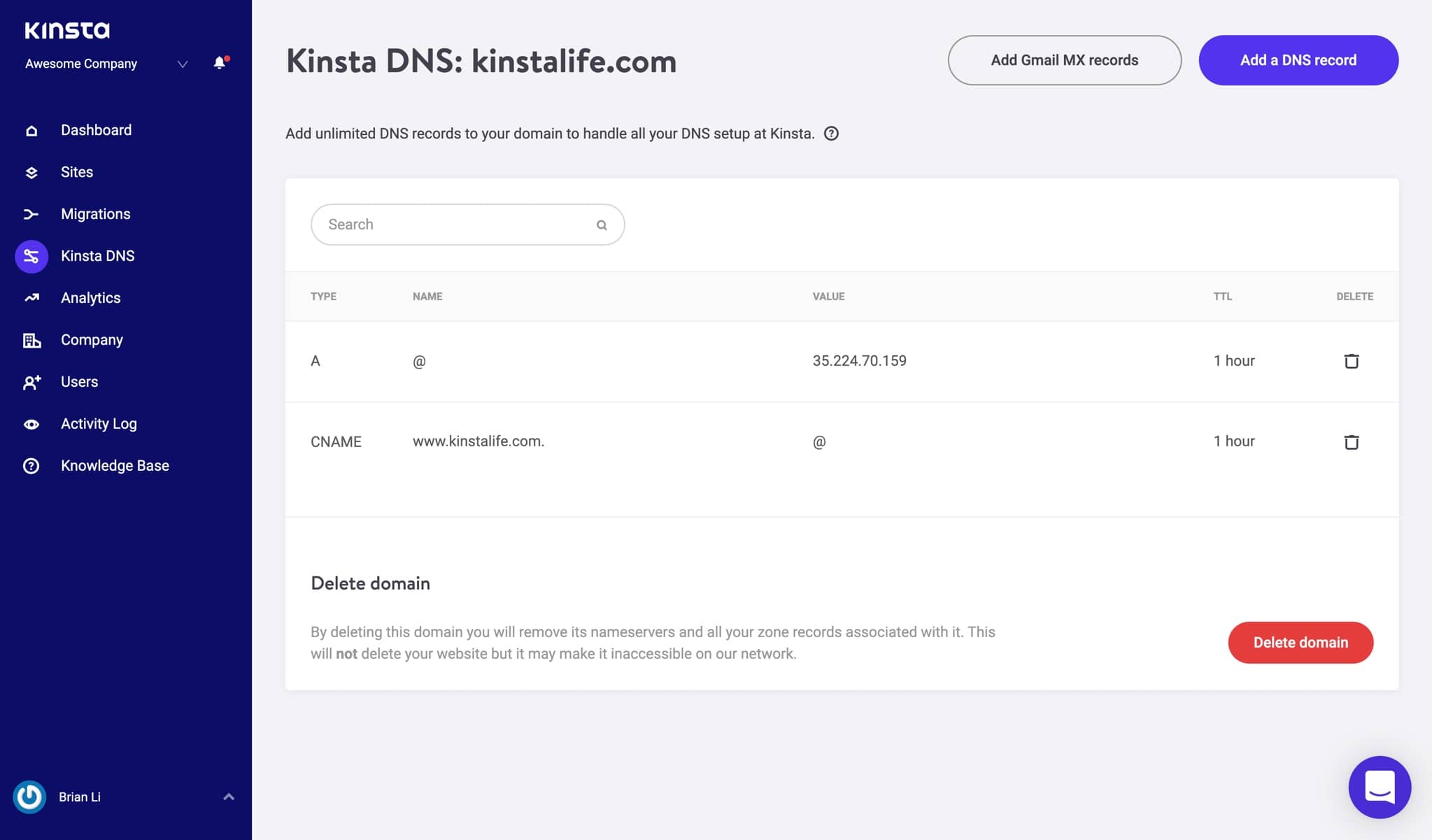 Modifica record DNS.