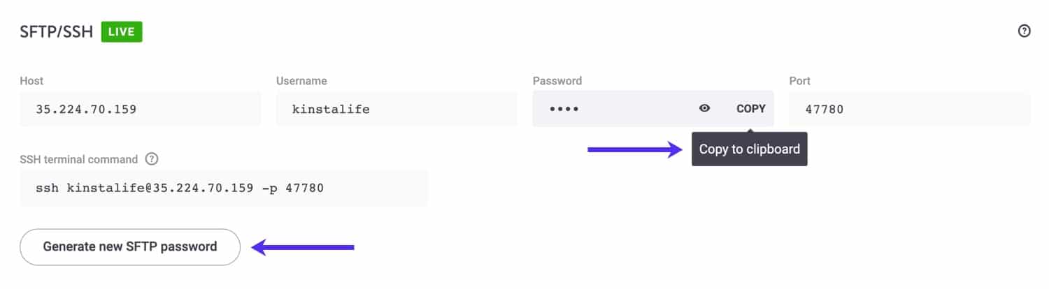 Copy to clipboard and generate a new SFTP password.