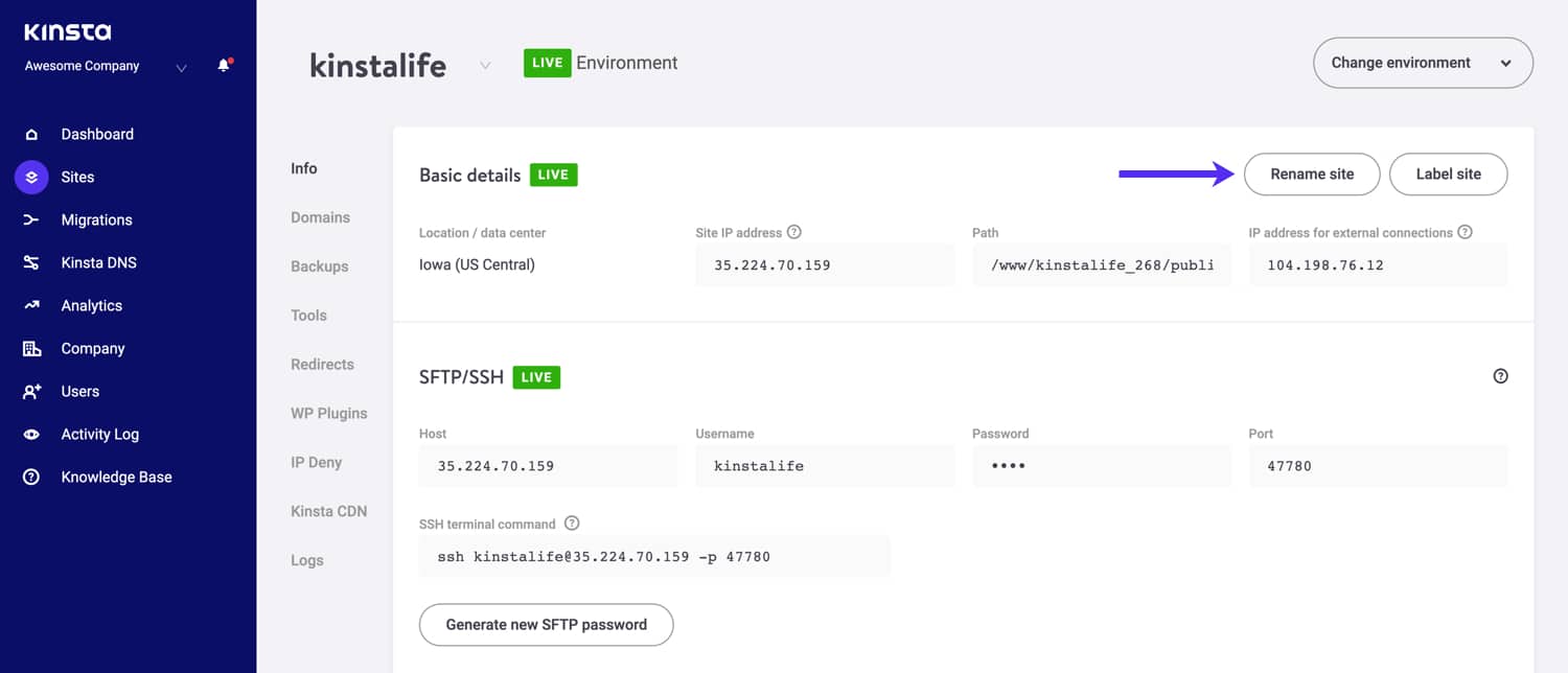 Site renaming and labeling in MyKinsta.