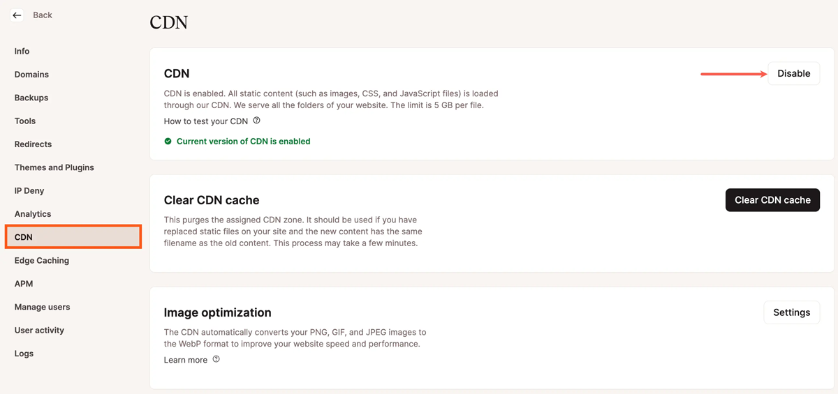 Hcreenshot highlighting the Disable button on the CDN management page for WordPress sites.