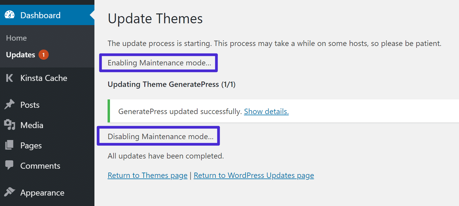 You can see WordPress turn maintenance mode on/off