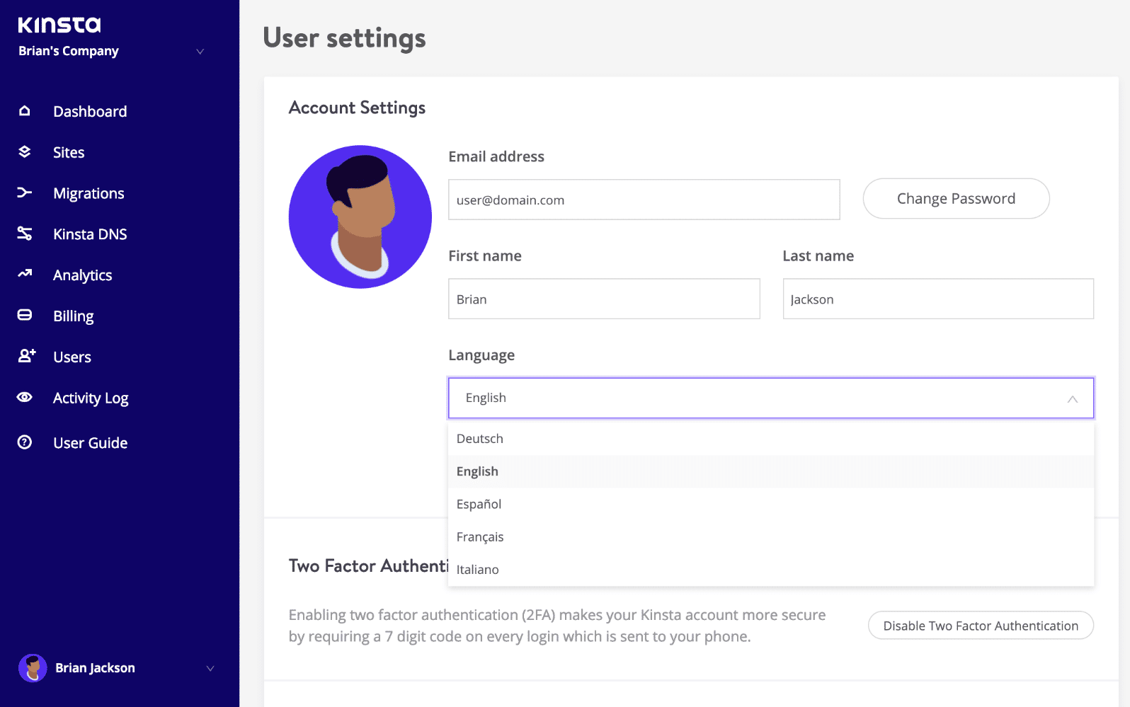 Taal wijzigen in MyKinsta