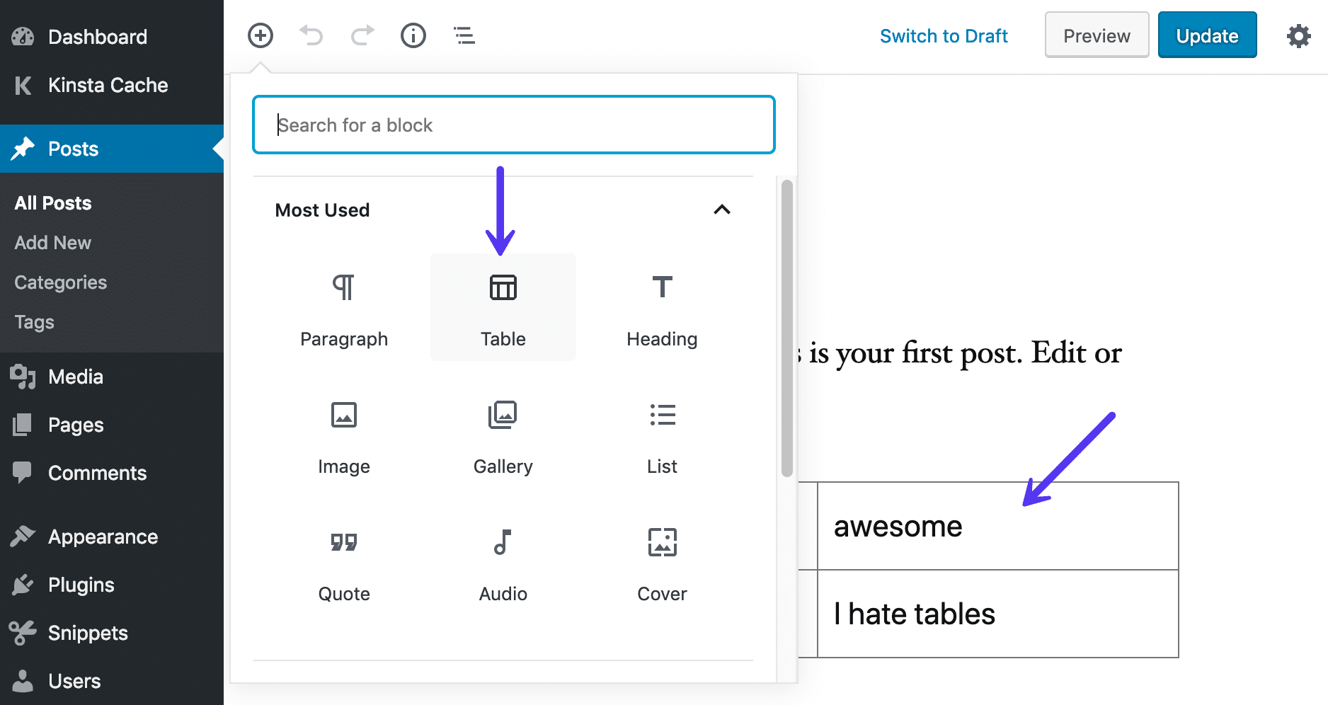 Tables in Gutenberg Block Editor