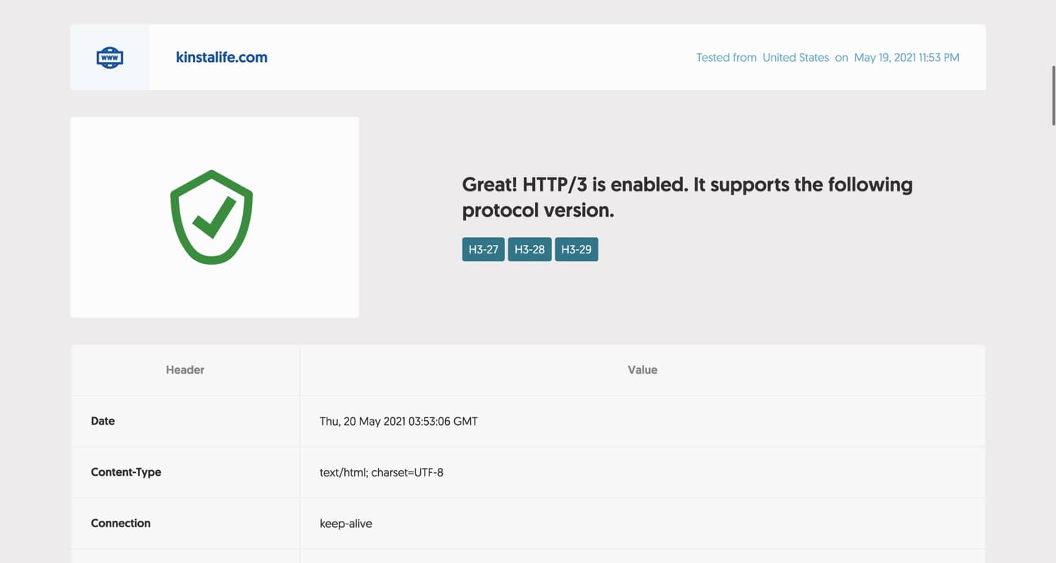 Kinsta suporta conexões HTTP/3.