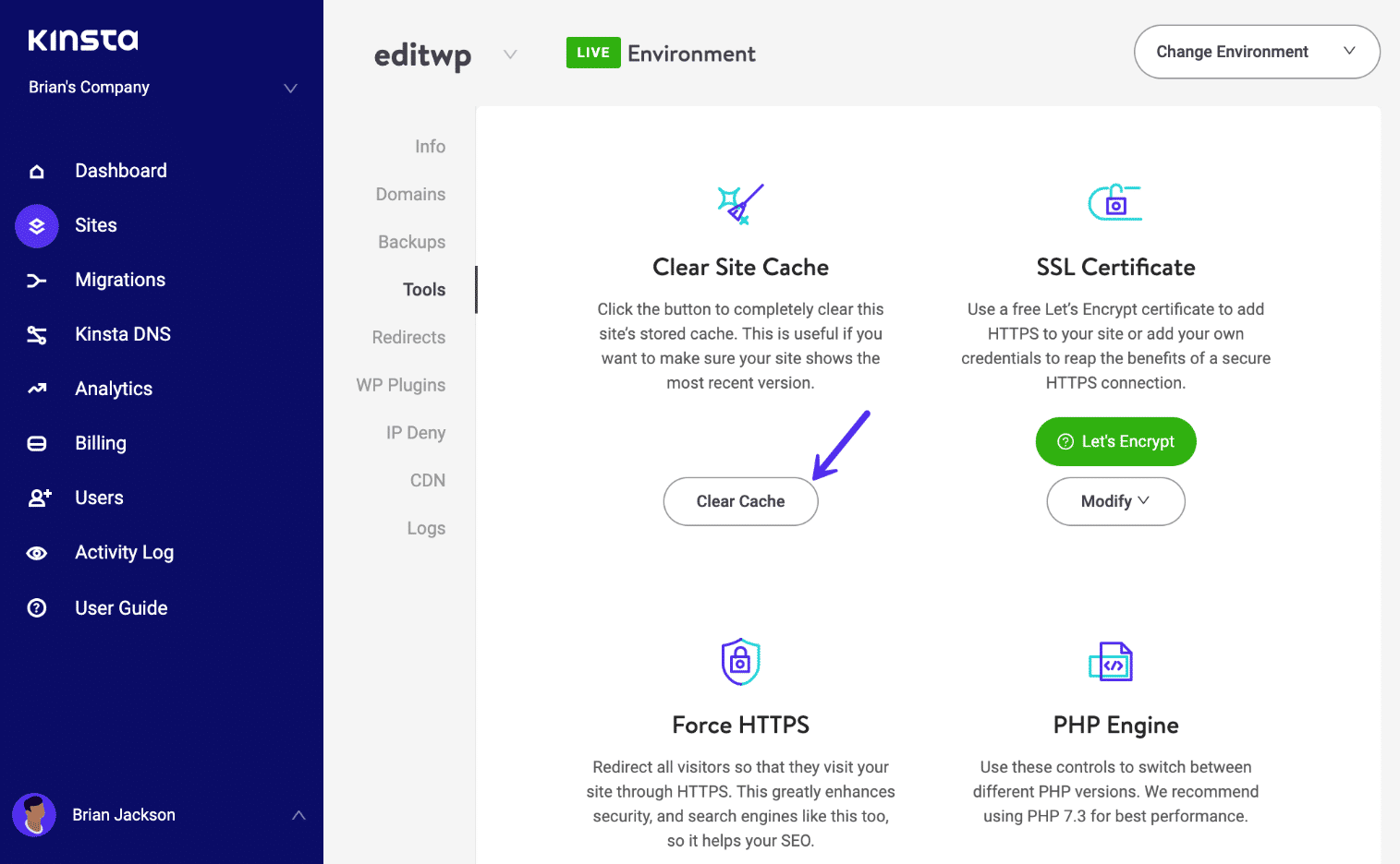 Clear WordPress cache in MyKinsta dashboard