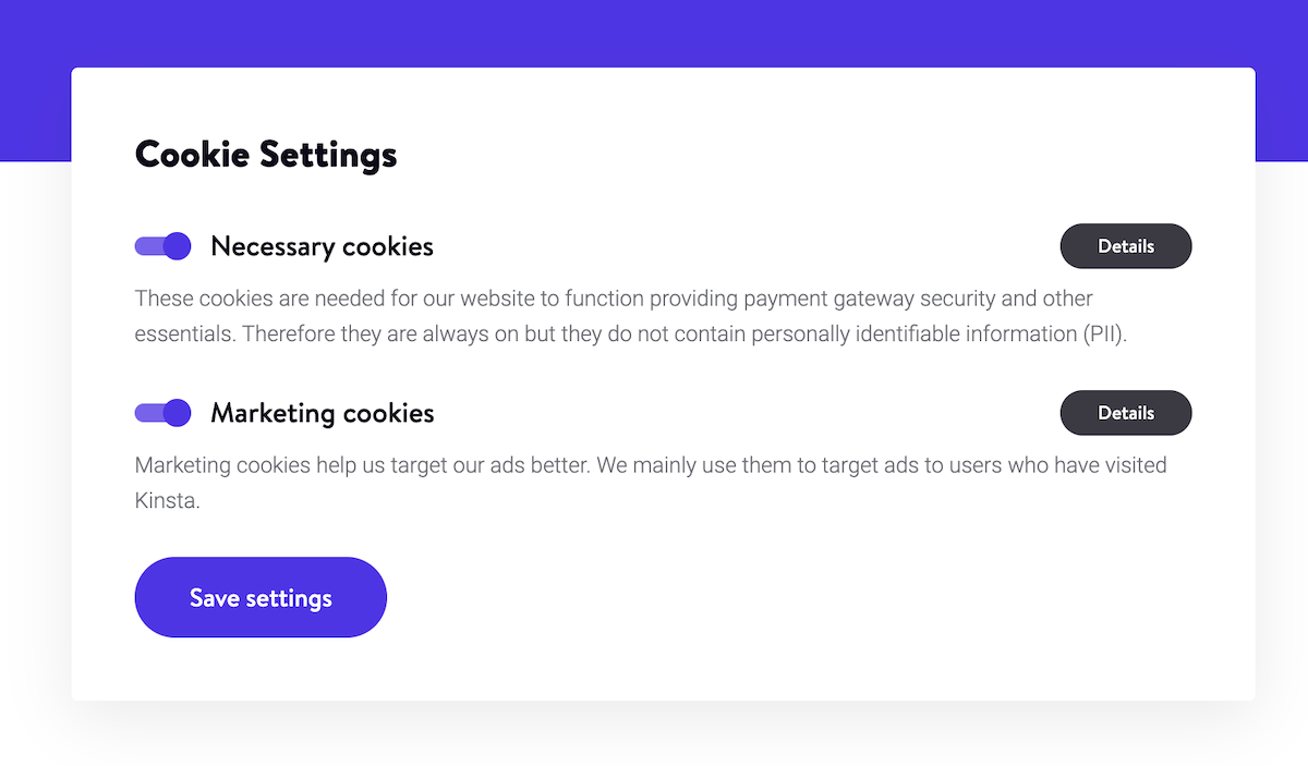 Cookie settings on Kinsta