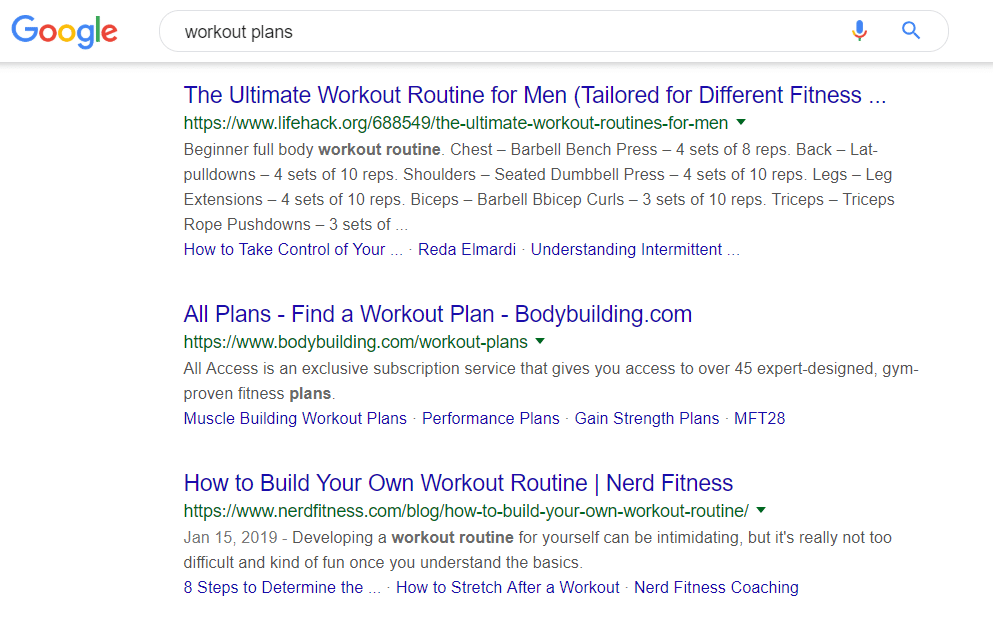 Workout plans Google search