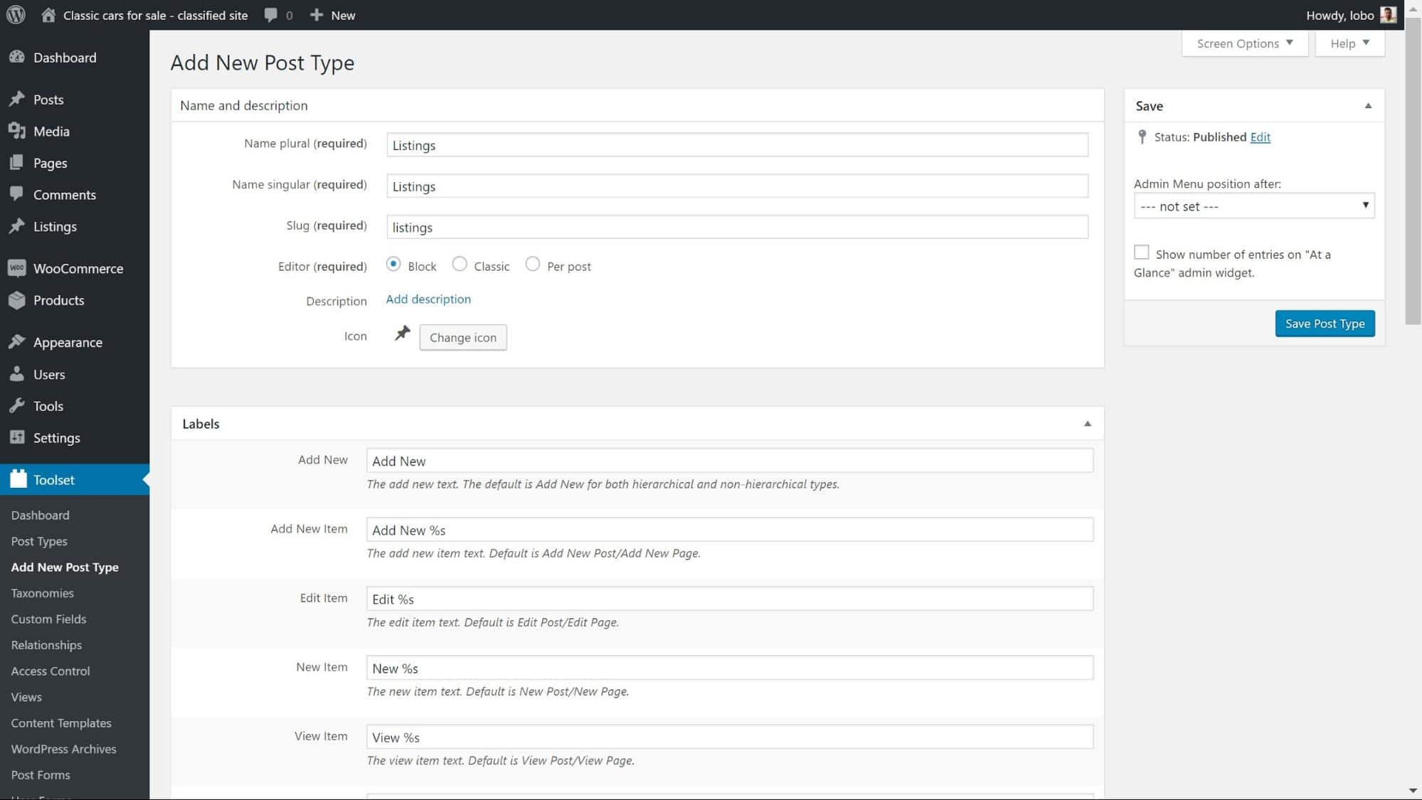 Adding new post type in WorPress Toolset settings