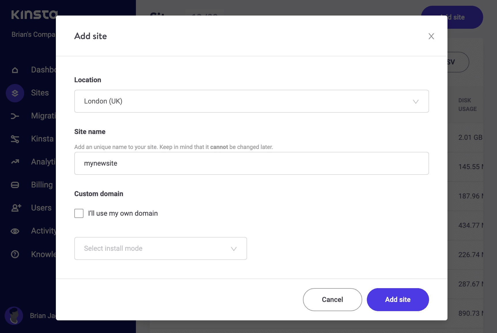 Adding a site in Kinsta