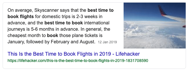 Book flights featured snippet