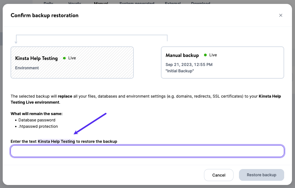 Conferma del ripristino del backup di WordPress