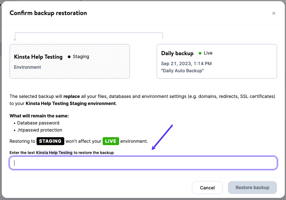 Confirmer la restauration de la sauvegarde WordPress vers l’environnement de staging