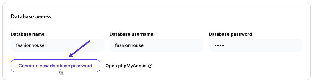 Générer un nouveau mot de passe pour la base de données dans MyKinsta.