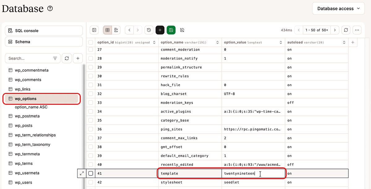 Uno screenshot dello strumento Database in MyKinsta, con la tabella wp_options evidenziata.