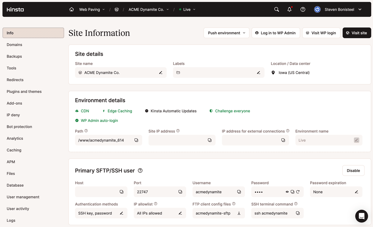 A screenshot of the MyKinsta dashboard with the Site Information page active.