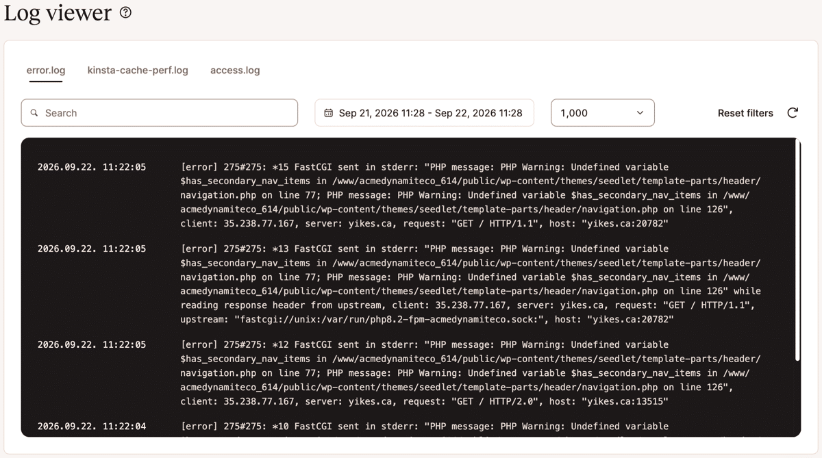 Uno screenshot della pagina “Log Viewer” in MyKinsta.