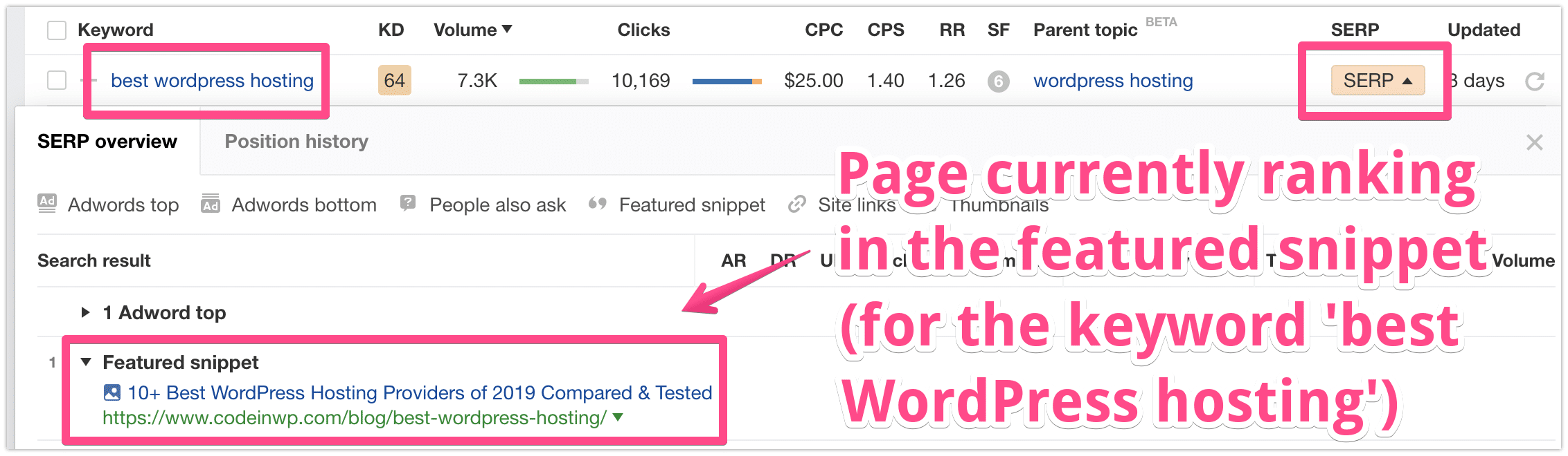 Page ranking for featured snippet in SERPs