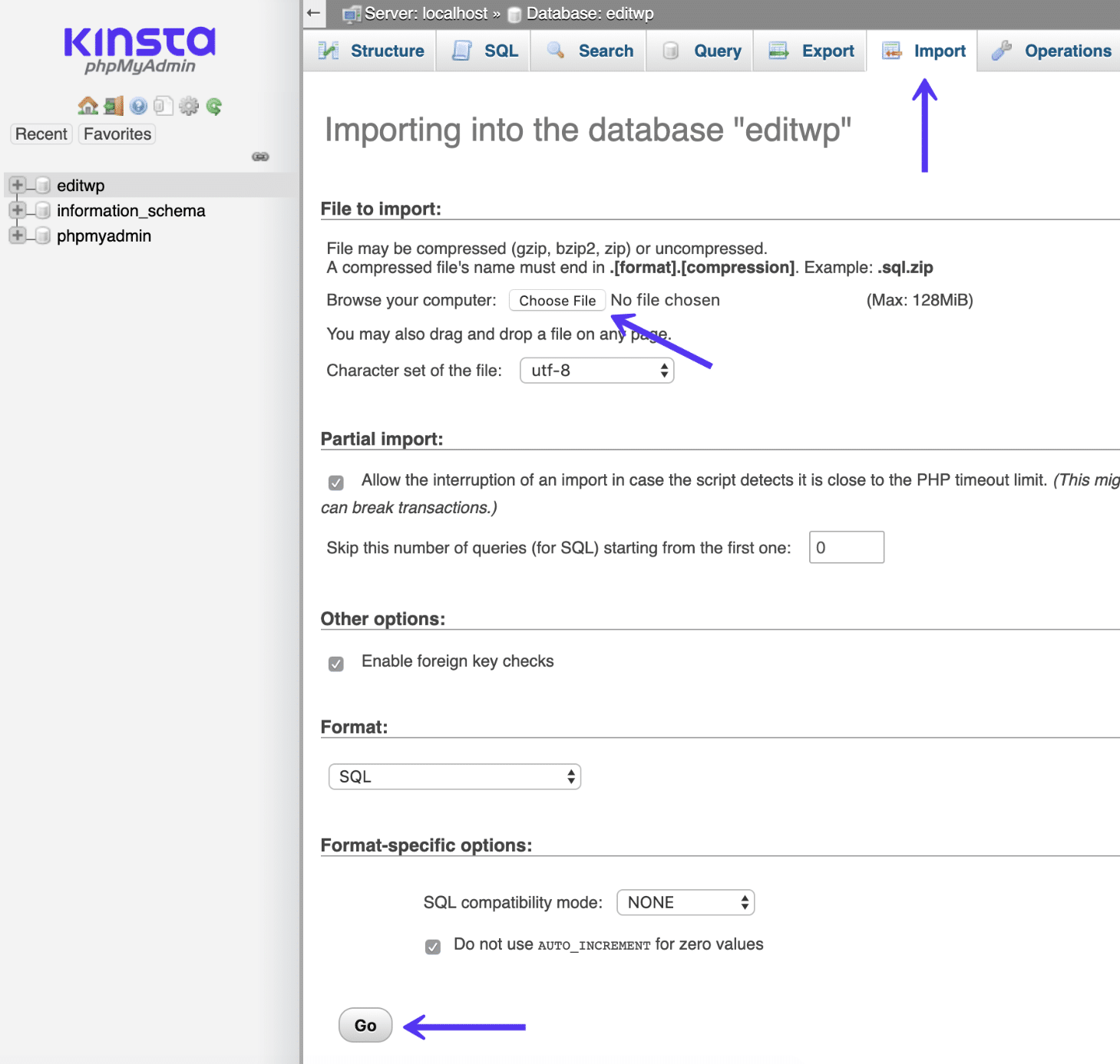 phpMyAdminでのMySQLデータベースのインポート