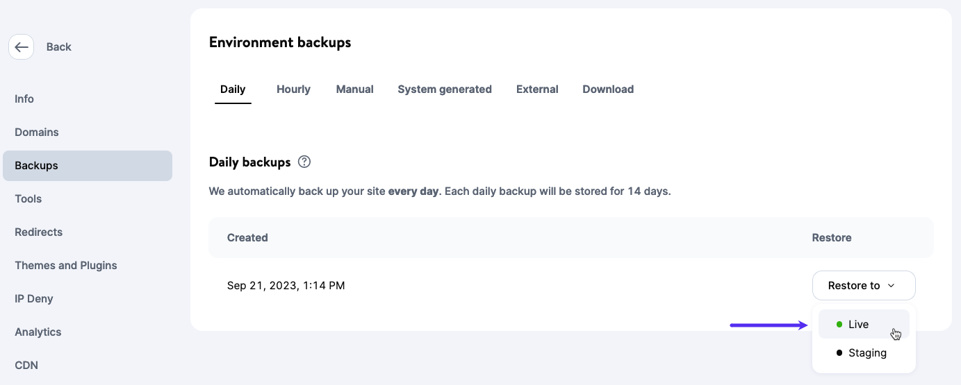 Screenshot: Screenshot: Restoring a backup to the live environment.