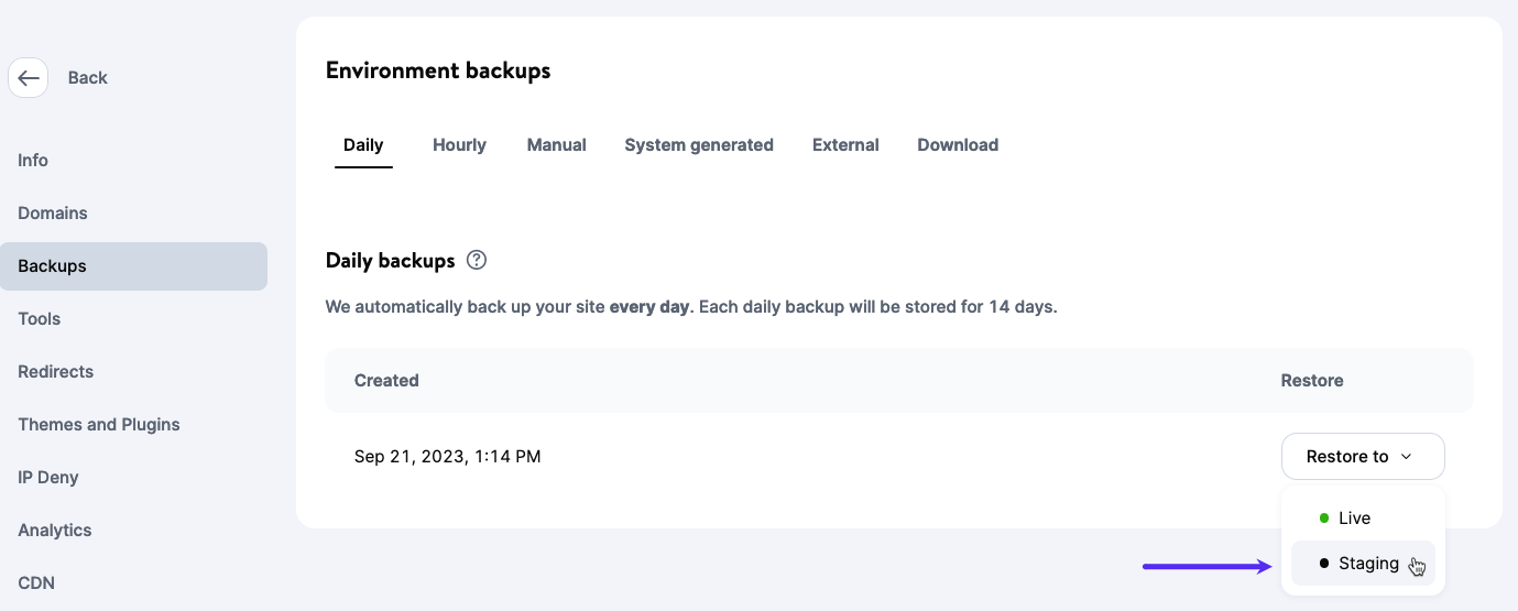 Screenshot: Restoring a backup to a staging environment.