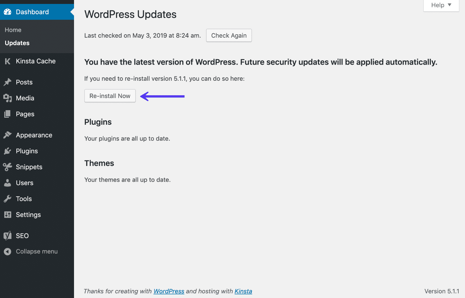 WordPress dashboard re-install now option