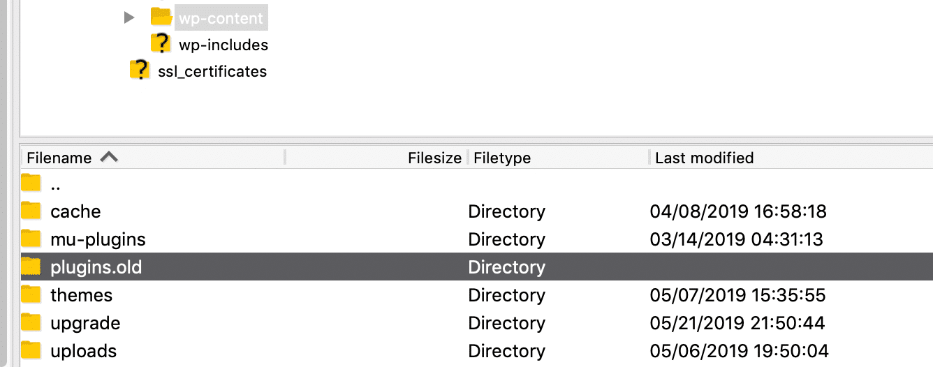 WordPress plugins folder renamed