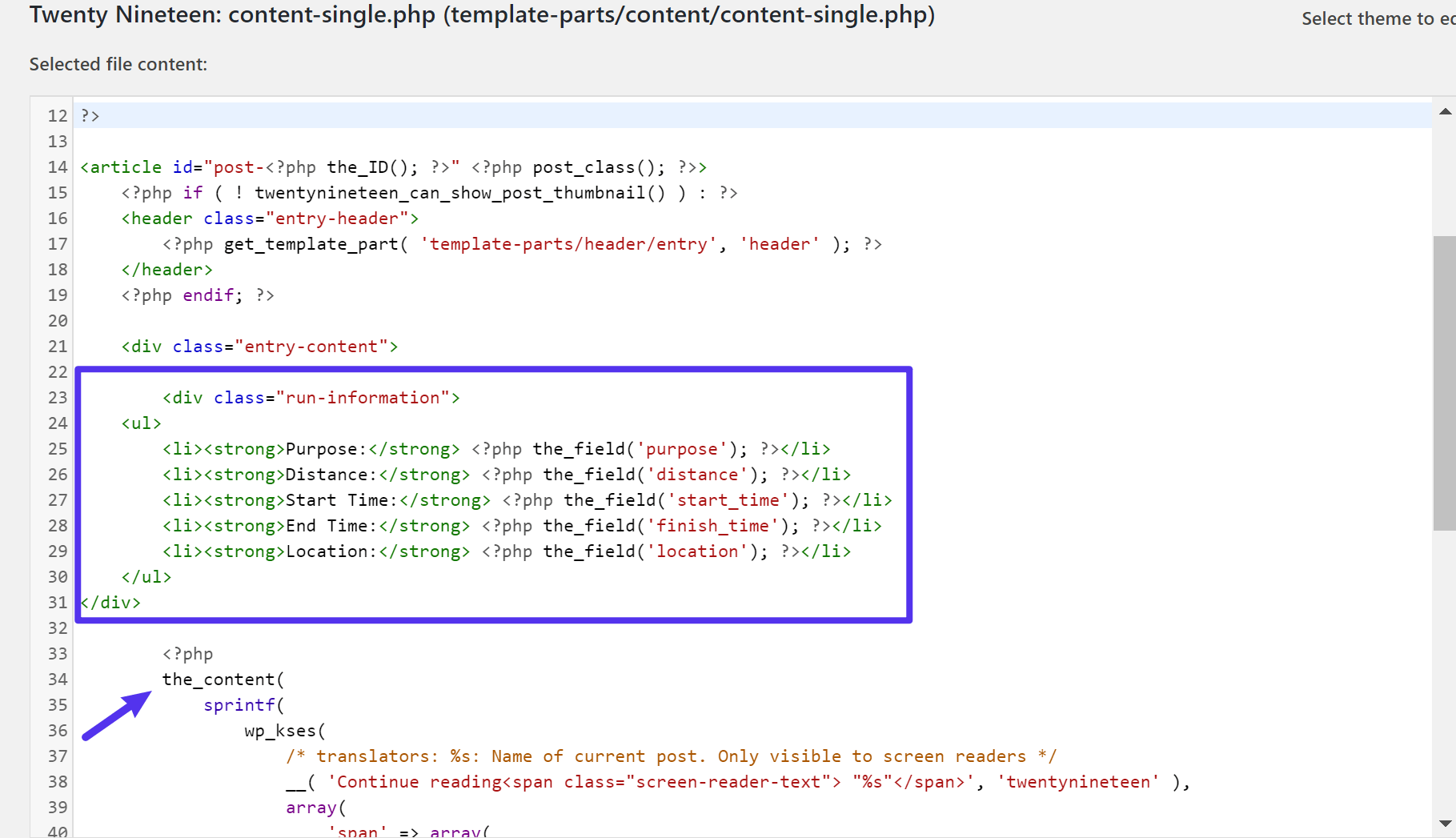 Dove per aggiungere il codice in tema di modello di file