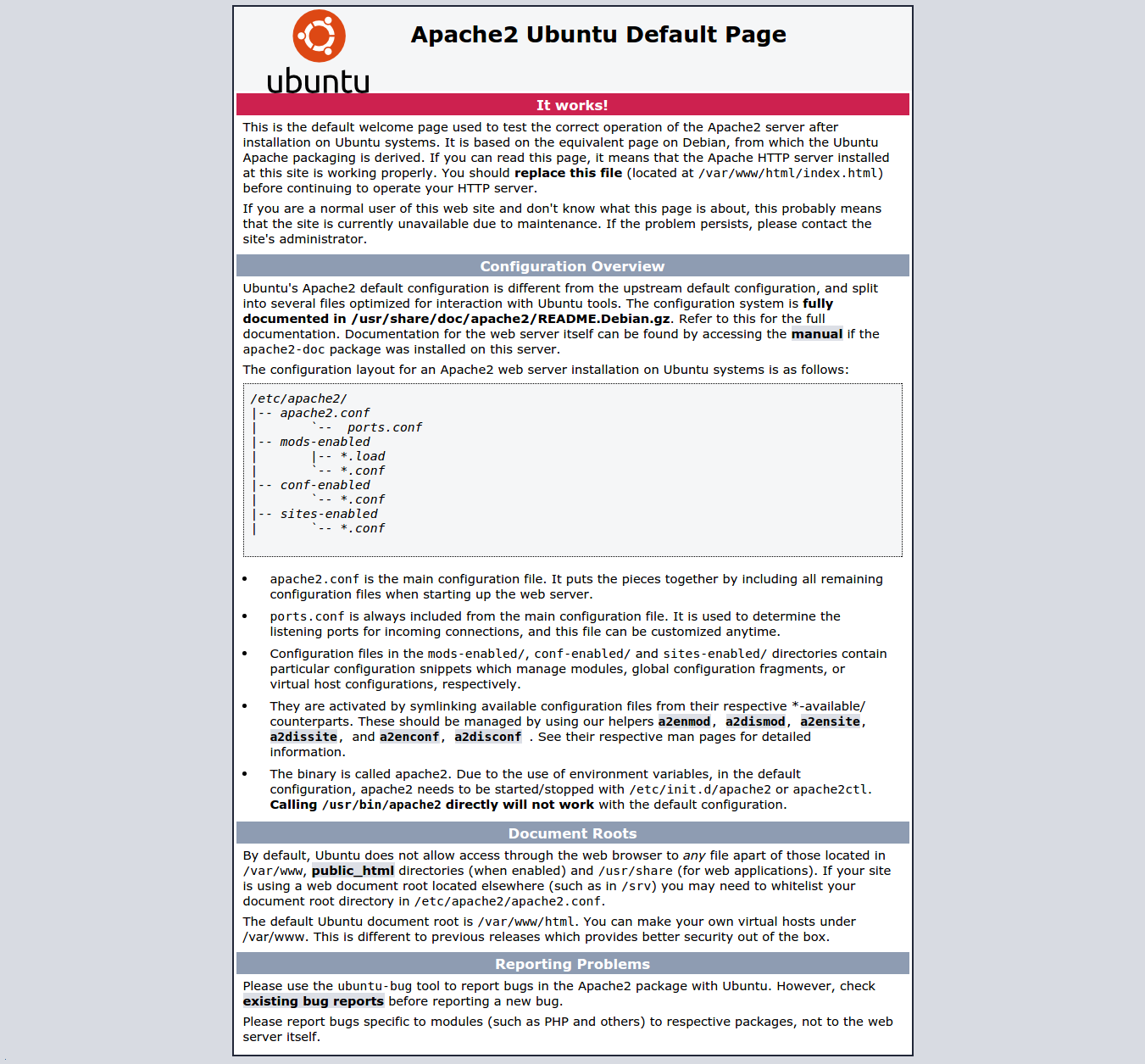 Página padrão do Ubuntu