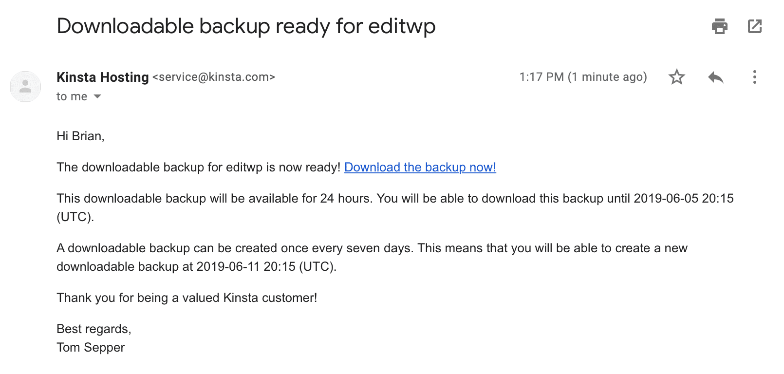 E-mail downloadbare backup