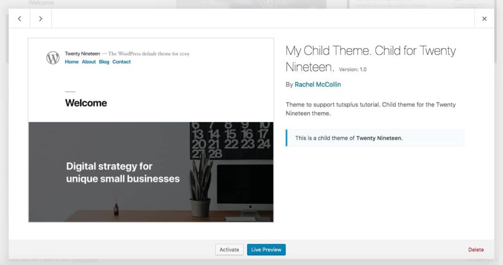 The theme page in WordPress with screenshot