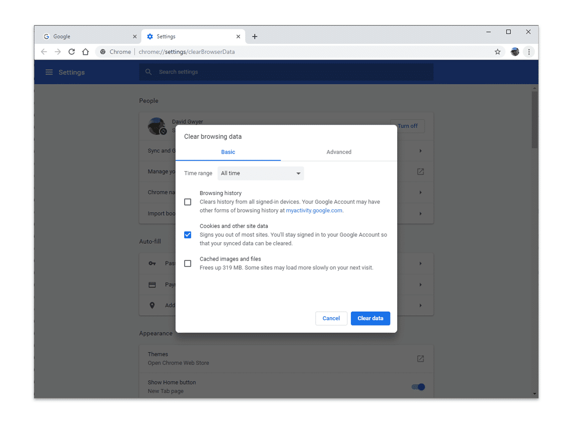 Clear browsing data options (cookies)