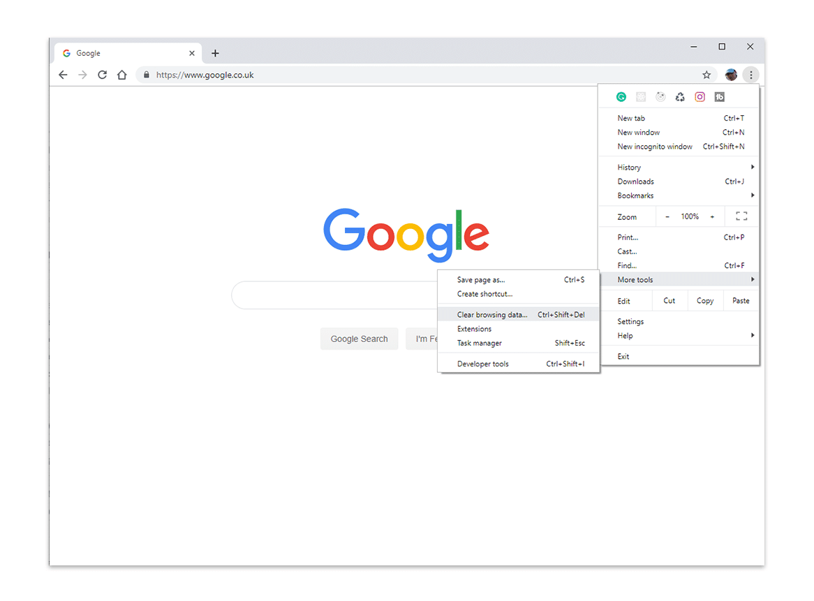 Clearing the browser cache menu option