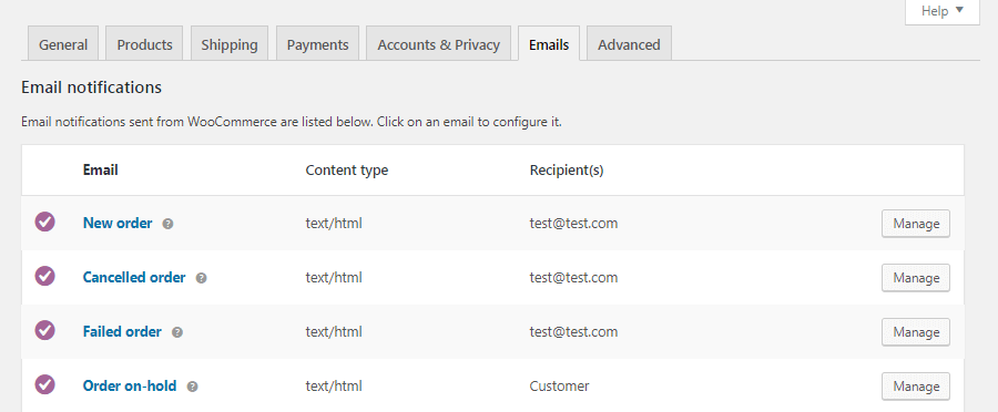 WooCommerce Emails settings