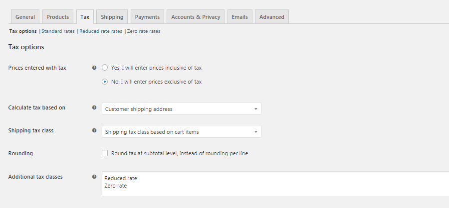 WooCommerce Tax settings