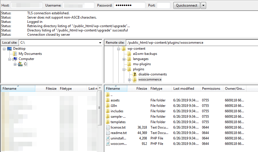 Folder WooCommerce w FileZilla