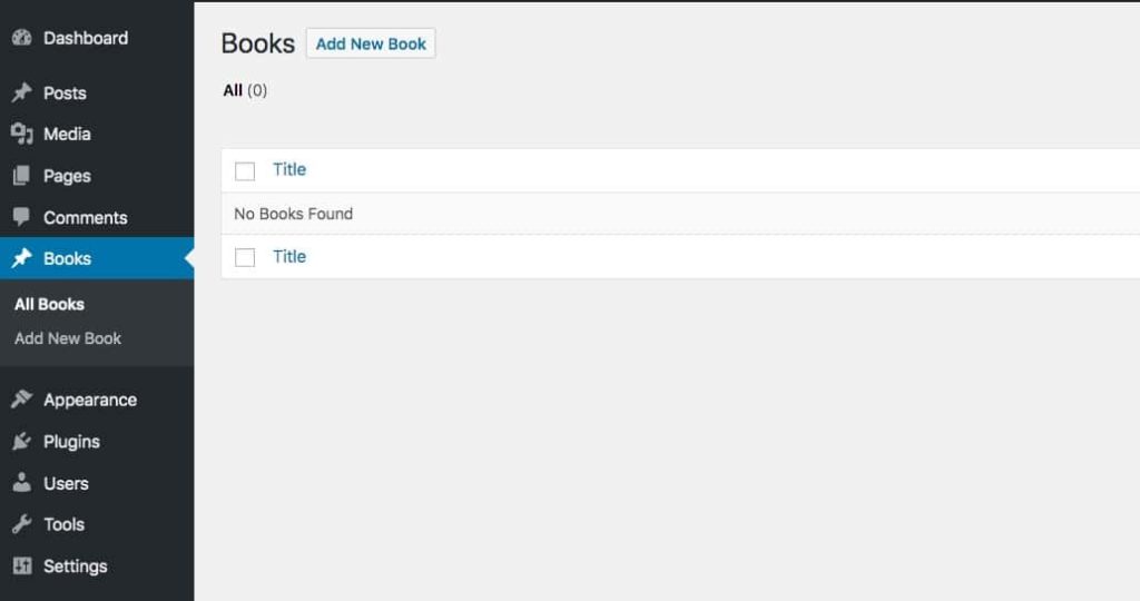 The "books" post type in the admin screens